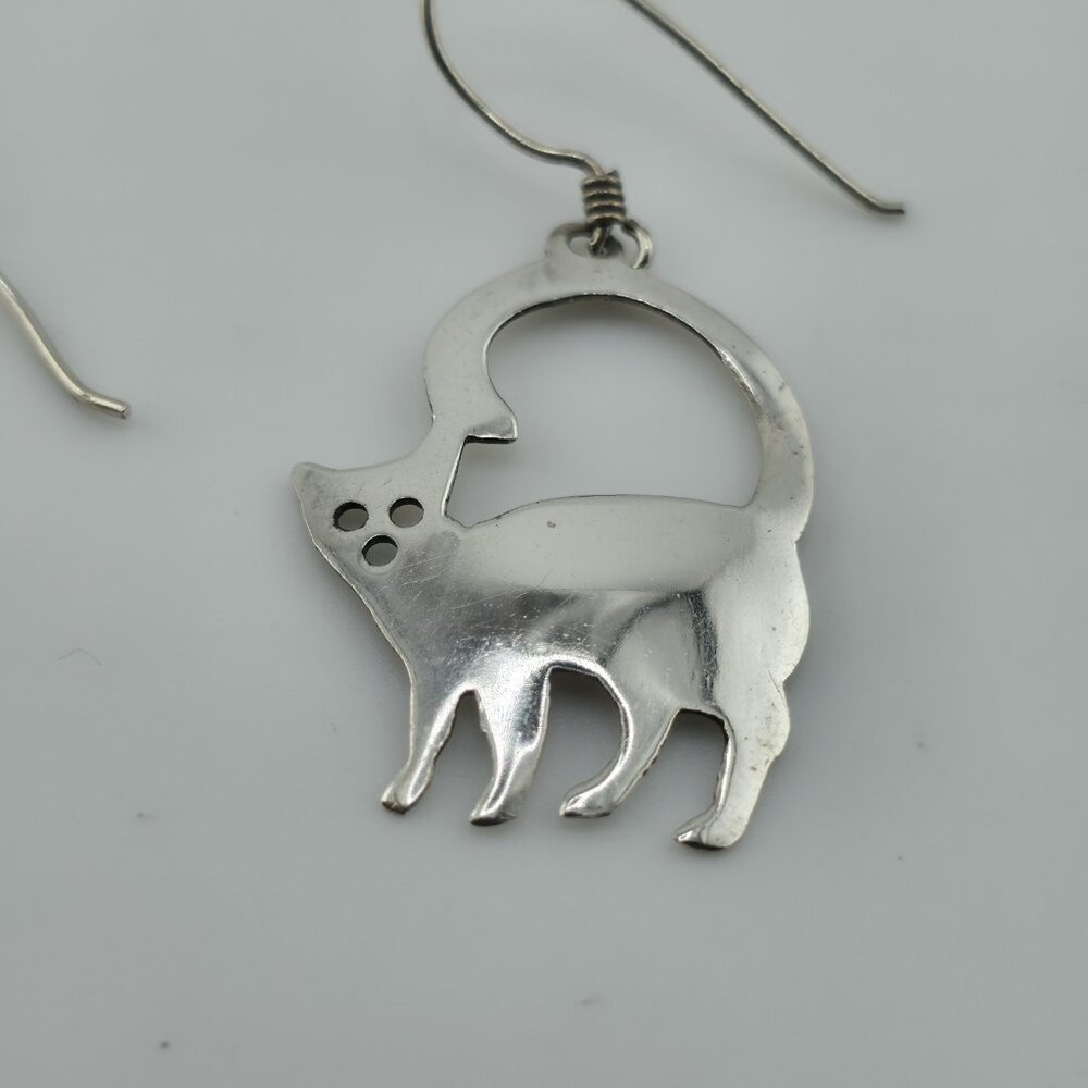 Sterling Silver Modernist Kitty Cat MCM Dangle Hook Earrings 3g 925 Vintage Alt - Picture 3 of 12